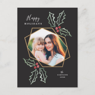 Gouden Geometrische Foto Waterverf Holly Christmas Briefkaart