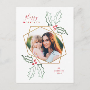 Gouden Geometrische Foto Waterverf Holly Christmas Briefkaart