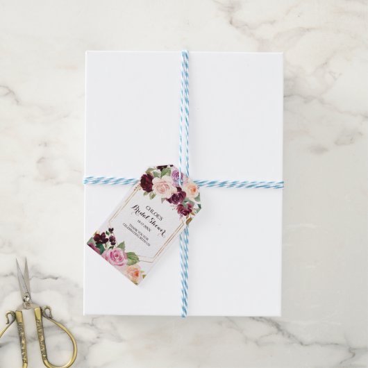 Gouden Geometrische Groene Bourgondiërode Bloemrij Cadeaulabel (Met Touw)