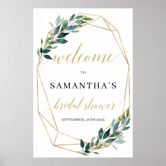 Gouden geometrische groene eucalyptus bruidswelkom poster (Voorkant)