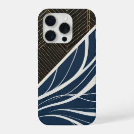 Gouden Geometrische Lijnen Navy Golfpatroon Modern iPhone 15 Pro Hoesje