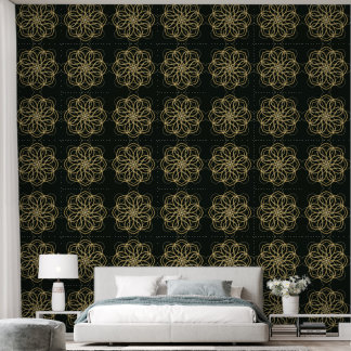 Gouden geometrische mandala-kunstprint – donkergro behang