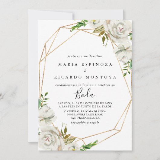 Gouden Geometrische Pioen Bloemige Spaanse Trouw Kaart (Voorkant)