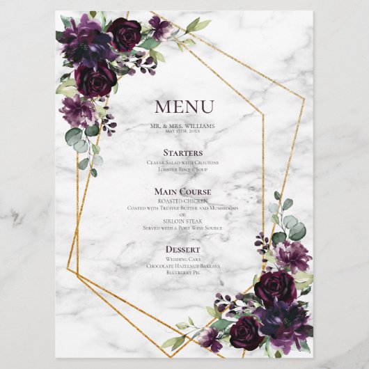 Gouden Geometrische Pr Plum Paarse Marmeren Bloem  Menu (Voorkant)