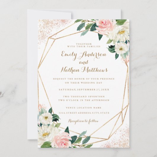 Gouden Geometrische Roze Bloemen Huwelijksuitnodig Kaart (Voorkant)
