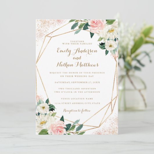 Gouden Geometrische Roze Bloemen Huwelijksuitnodig Kaart (Staand voorkant)