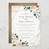 Gouden Geometrische Roze Bloemen Huwelijksuitnodig Kaart (Voorkant / Achterkant)