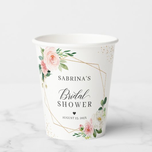 Gouden Geometrische Roze Roze Bloemige Bruiloftsdo Papieren Bekers (Voorkant)