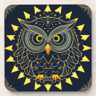 Gouden Geometrische Uil Illustratie met Abstract P Bier Onderzetter