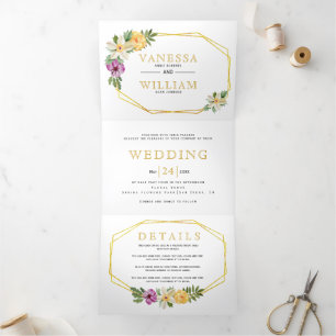 Gouden geometrische veelhoek waterverf bloemenbrui drieluik uitnodiging