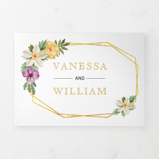 Gouden geometrische veelhoek waterverf bloemenbrui drieluik uitnodiging (Cover)