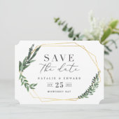 gouden geometrische waterverf gebladerte save the date (Staand voorkant)