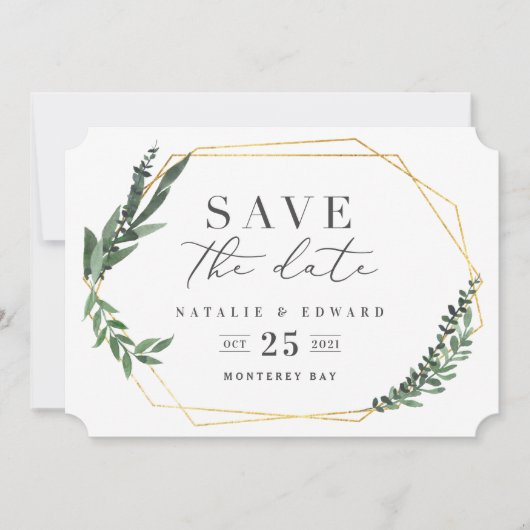 gouden geometrische waterverf gebladerte save the date (Voorkant)