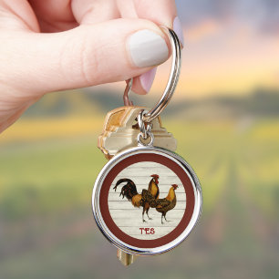 Gouden Gepenseelde Hamburg Hanen Maroon Monogram Sleutelhanger