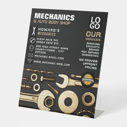 Gouden Gereedschap, Auto Mechanic & Reparaties Adv Reclamebord Met Voetstuk (Voorkant)
