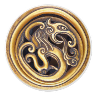 Gouden Gesneden Draak Oriëntaalse Netsuke Mannelij Keramische Knop