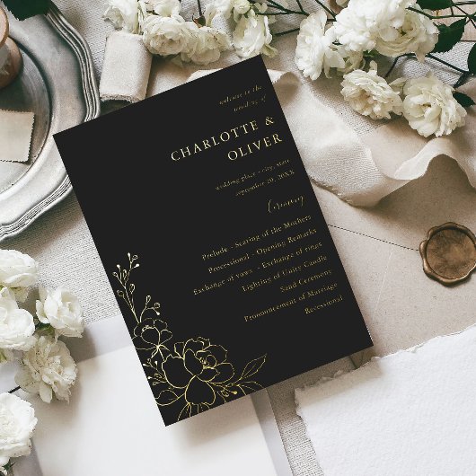 Gouden gevoerde bloemen bruiloft ceremonie program folie uitnodiging