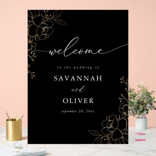 Gouden gevoerde bloemenbruiloft welkom - Zwart Acryl Bord (Huwelijk)