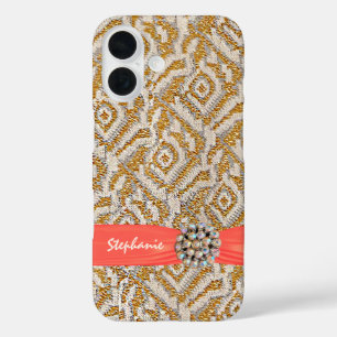 Gouden geweven stof met lint en strass iPhone 16 hoesje