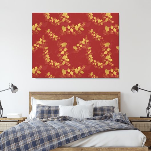 Gouden Gingko Balboa Bladeren op Donkerrode Achter Canvas Afdruk (Insitu (Slaapkamer))