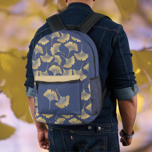 Gouden Gingko Bladeren op Slate Blue Monogram Bedrukte Rugzak