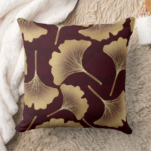 Gouden Ginkgo Bladeren Bordeaux Botanisch Patroon Kussen