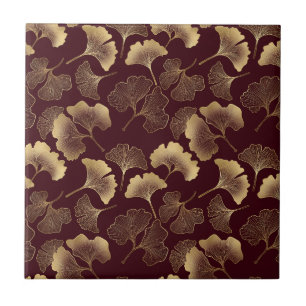 Gouden Ginkgo-bladeren op Rode Elegante Botanische Tegeltje