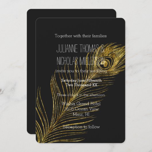 Gouden Glam en Zwarte Peacock Veer Bruiloft Kaart (Voorkant / Achterkant)