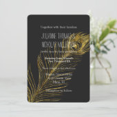Gouden Glam en Zwarte Peacock Veer Bruiloft Kaart (Staand voorkant)