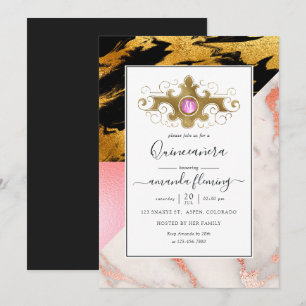 Gouden Glam Glitter Marmer Monogram Quinceañera Kaart