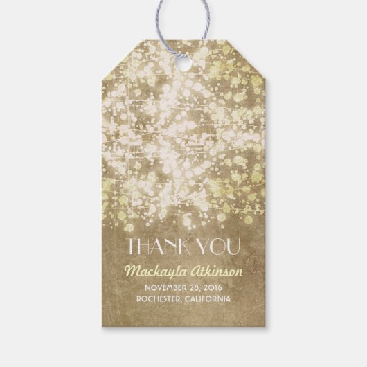 Gouden Glamour String Lights Bruiloft Cadeaulabel (Voorkant)