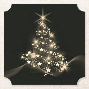 Gouden glans van sterren op donkere kerstboom kartonnen onderzetters