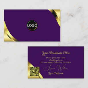 Gouden glanshoeken op paars met logo QR-code Visitekaartje