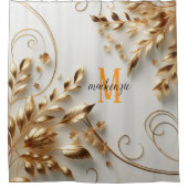 Gouden Glanzend Oranje Monogram Moderne Script Huw Douchegordijn (Voorkant)