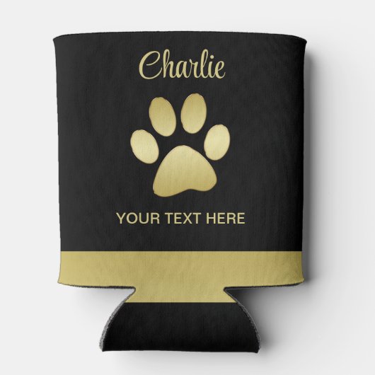 Gouden glanzende hondenpoot op zwarte achtergrond blikjeskoeler (Achterkant)