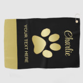 Gouden glanzende hondenpoot op zwarte achtergrond golfhanddoek (Horizontaal)