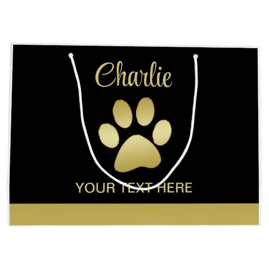 Gouden glanzende hondenpoot op zwarte achtergrond groot cadeauzakje (Achterkant)