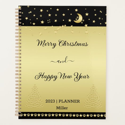 Gouden glanzende kerststerren, poten op goud & zwa planner (Voorkant)