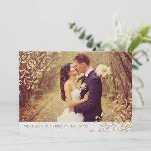 Gouden glinsterwerk met monogram trouwfoto bedankkaart