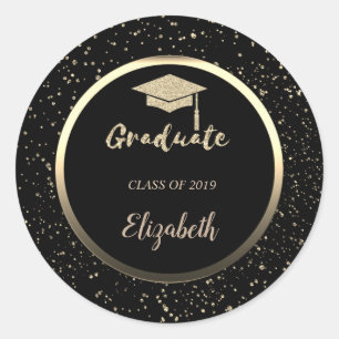 Gouden Glitter Afstudeerhoed, Confetti - Persoonl Ronde Sticker