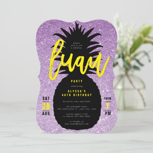 Gouden Glitter Ananas Luau Verjaardagsfeest Uitnod Kaart (Staand voorkant)