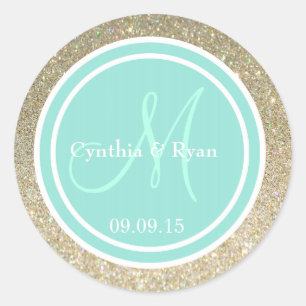 Gouden Glitter & Aqua Bruiloft Monogram Seal Ronde Sticker