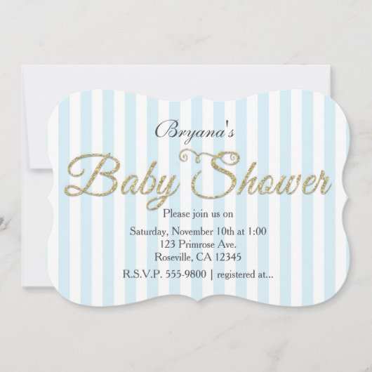 Gouden Glitter BABY SHOWER Blauwe Gestreepte Uitno Kaart (Voorkant)