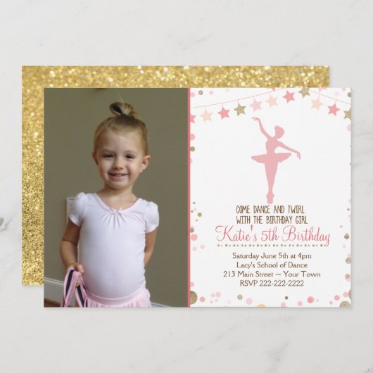 Gouden Glitter Ballet Dans Verjaardag Uitnodiging (Voorkant / Achterkant)
