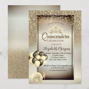 Gouden glitter,Ballonnen,Hoge hakken,Tiara Quincea Kaart