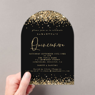 Gouden Glitter Black Quinceanera Verjaardagsfeest Acryl Uitnodigingen