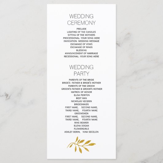 Gouden glitter bladeren patroon bruiloft programma (Achterkant)