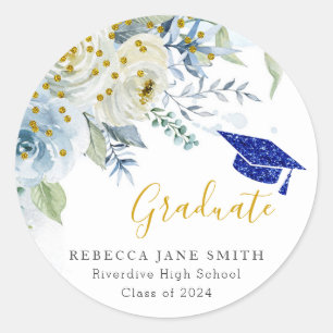 Gouden Glitter Blauw Bloemen Afstuderen Sticker