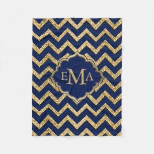Gouden Glitter Blauwe Chevron Zigzag Patroon Monog Fleece Deken