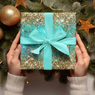 Gouden Glitter Blauwe Turkoois Edelsteen Vuur Glam Inpakpapier Vel